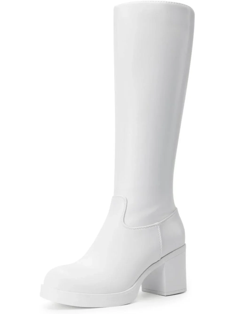 Women's White Block Heel Round Toe Faux Leather Side Zipper Knee High Boots